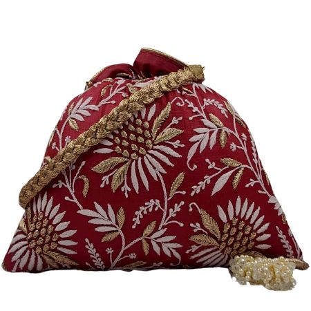 Traditional Red Chikankari Silk Potli Bag